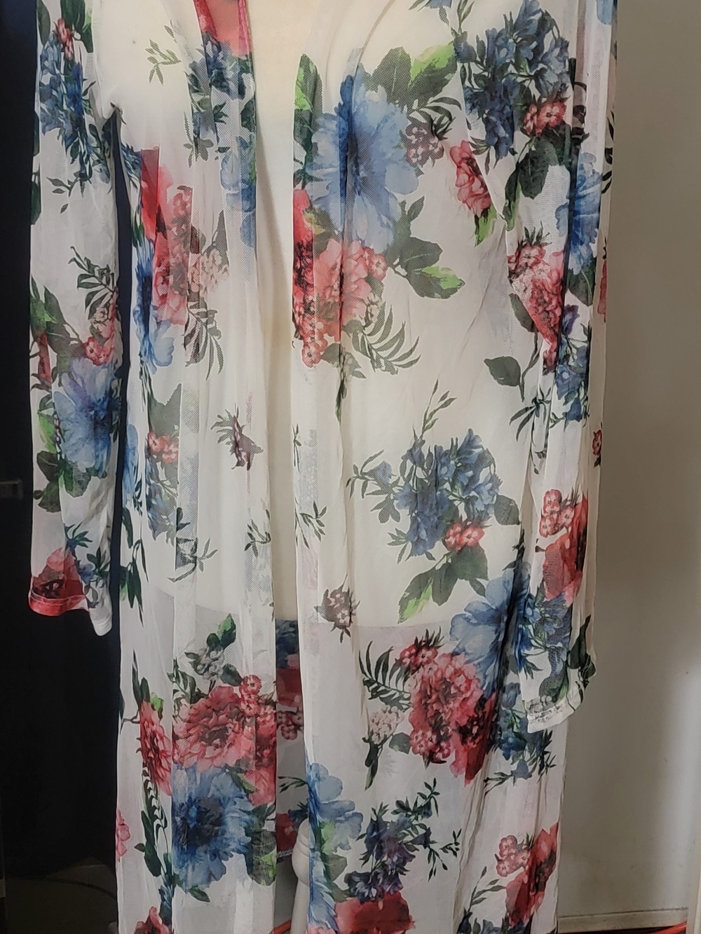 Sheer Floral Kimono Tunic - White with Blue & Pink Floral